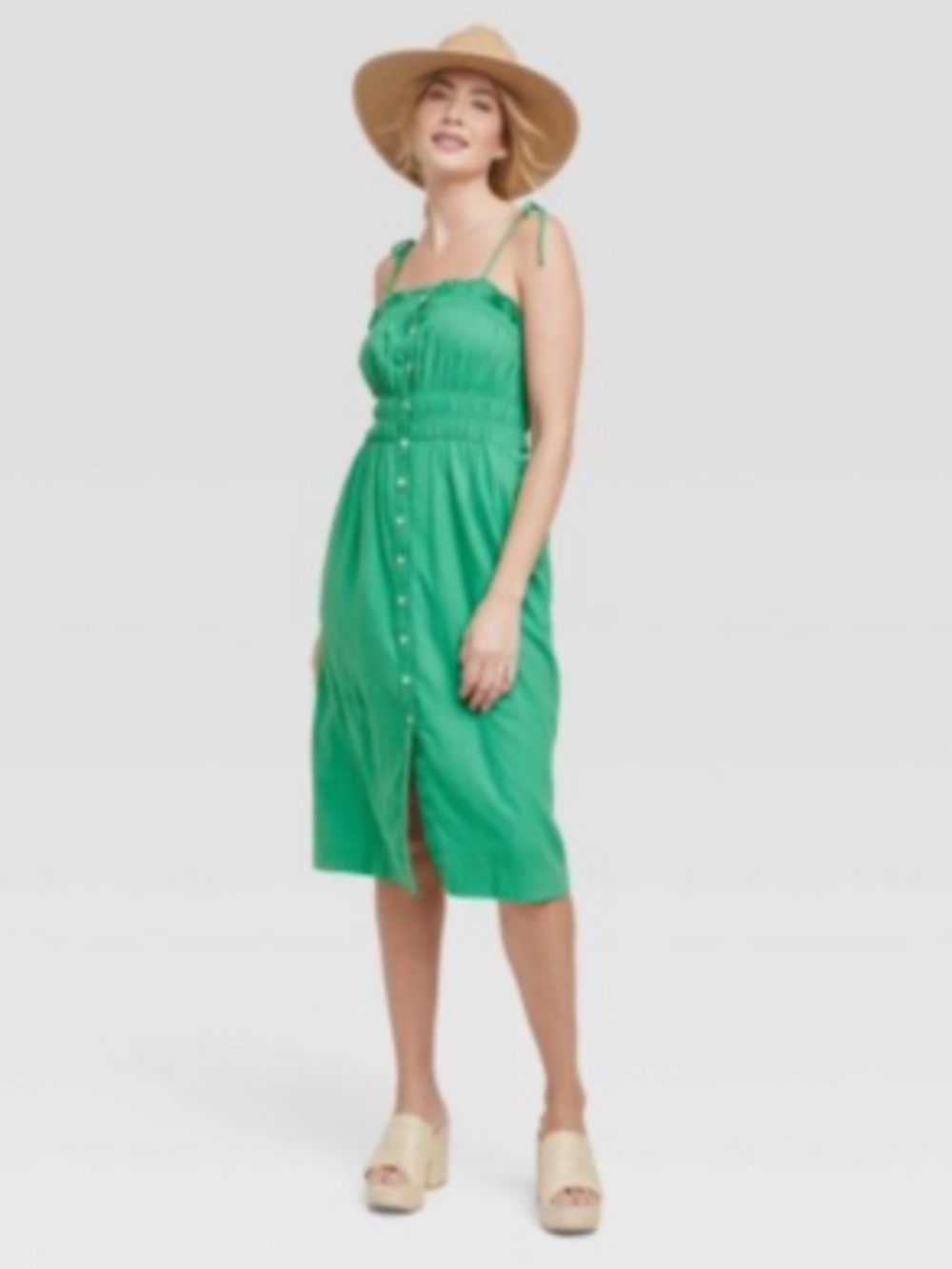 Universal Thread Small Green Mid Length Linen Blend Button Down Sundress